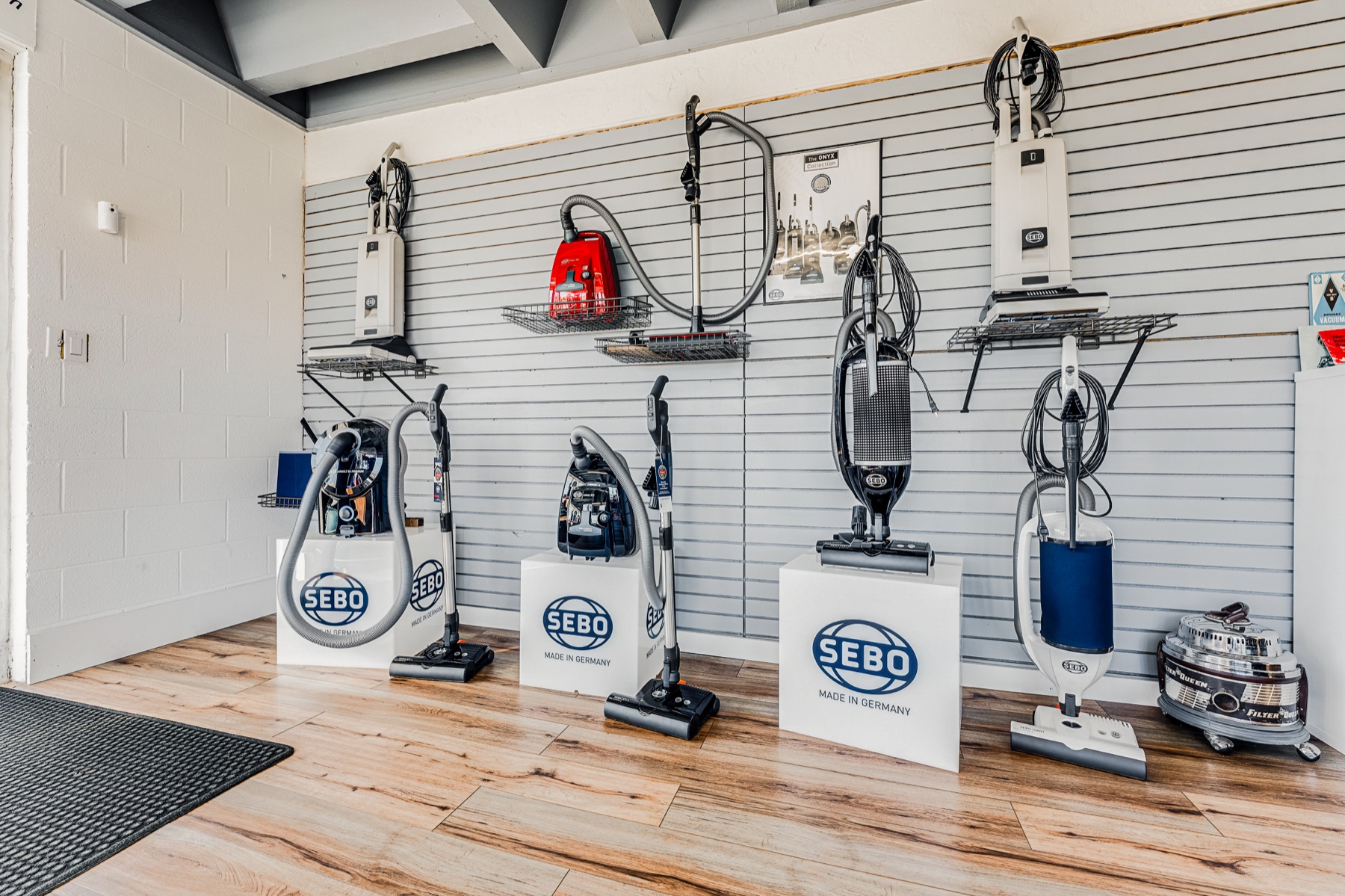 Sebo vacuums on display in the shop
